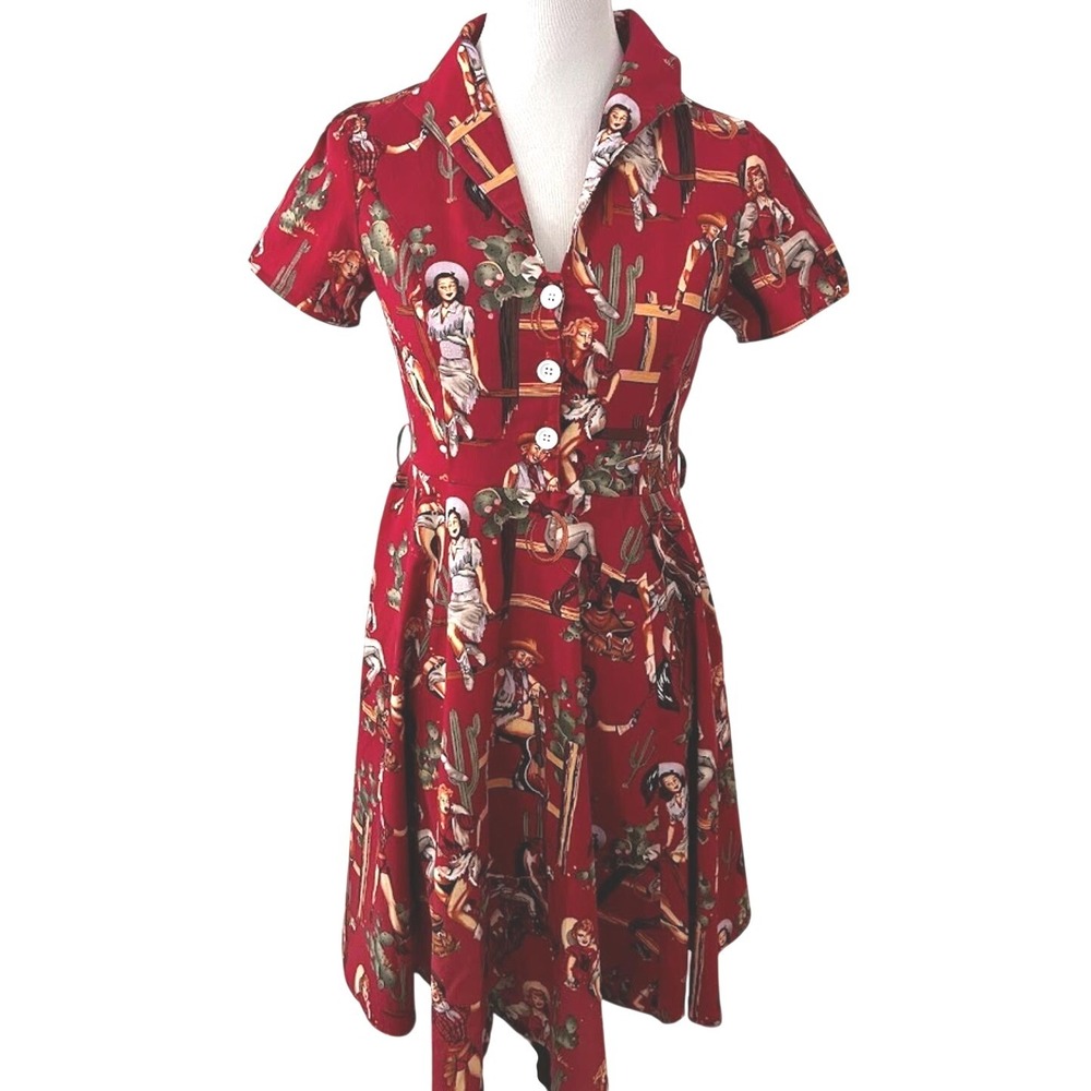 Retro Red Cowgirl Pinup Novelty Print Swing Dress Short Sleeve Rockabilly L